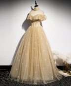 Gold Tulle Lace Long Formal Prom Dresses Gold Sweet 16 Dresses