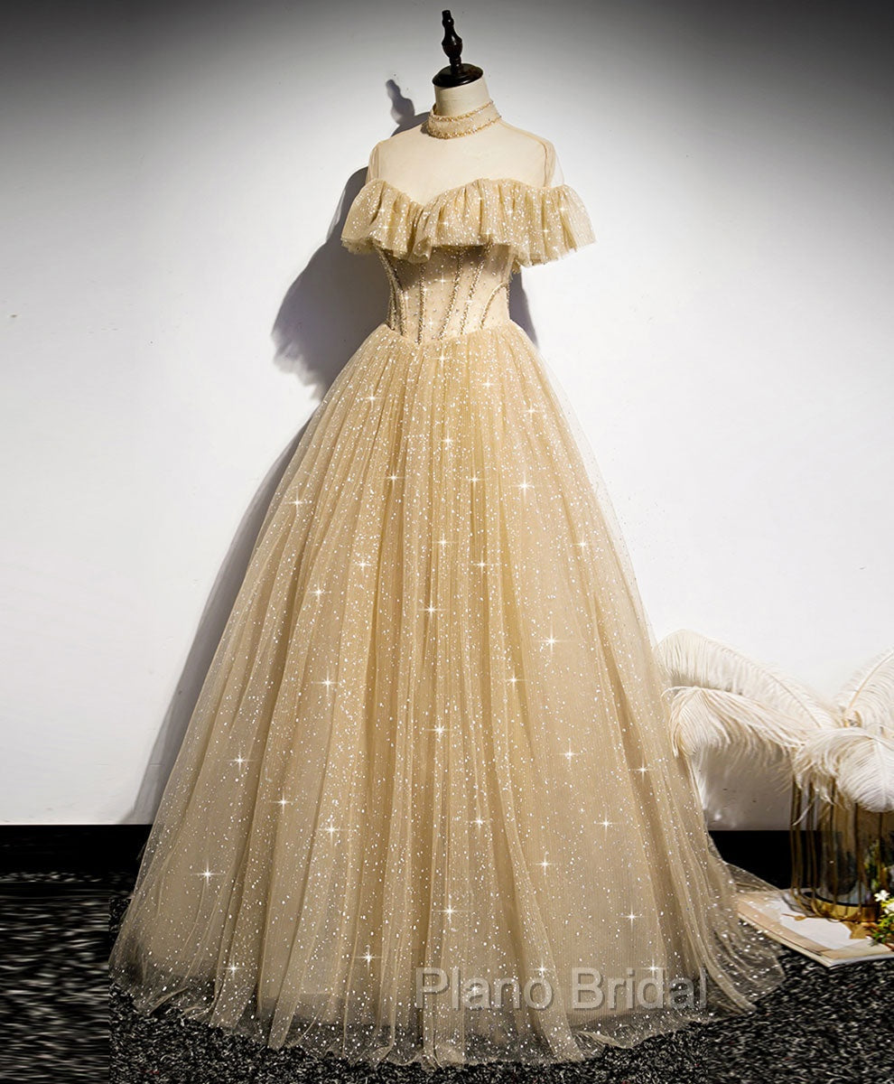 Gold Tulle Lace Long Formal Prom Dresses Gold Sweet 16 Dresses