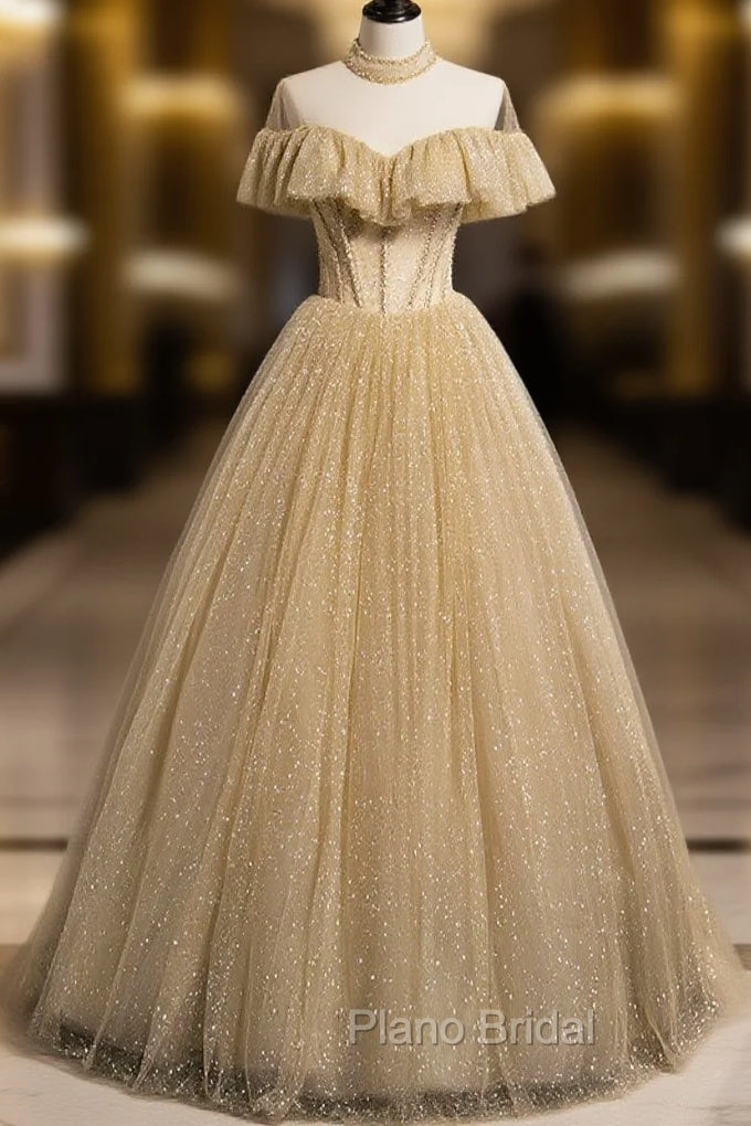 Gold Tulle Lace Long Formal Prom Dresses Gold Sweet 16 Dresses Main image