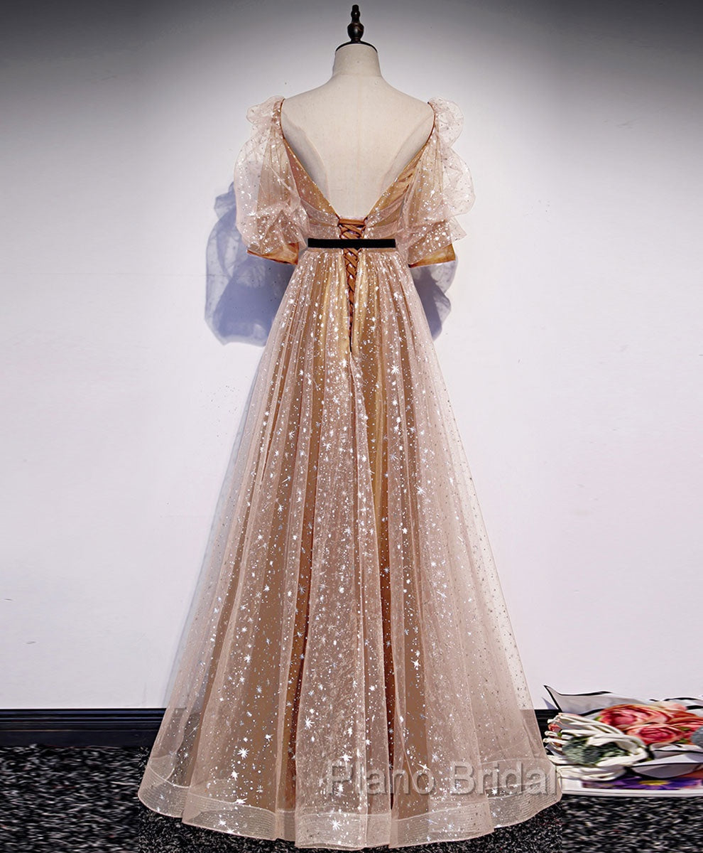 Gold Tulle Long Formal Prom Dresses, A line Gold Formal Graduation Party Dresses