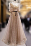 Gold Tulle Long Formal Prom Dresses, A line Gold Formal Graduation Party Dresses