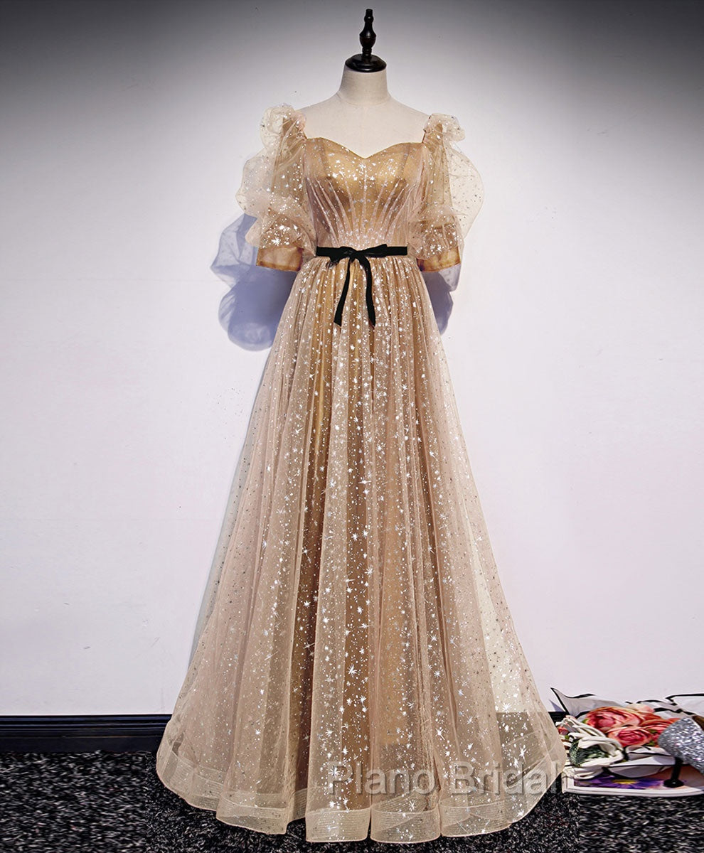 Gold Tulle Long Formal Prom Dresses, A line Gold Formal Graduation Party Dresses Main image