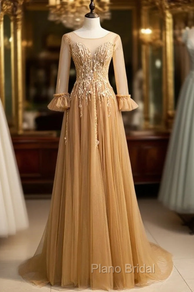 Gold Tulle Long Sleeve Backless Beading Formal Prom Dresses