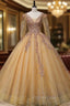 Gold Tulle Long Sleeve Backless Sequins Quinceanera Dresses