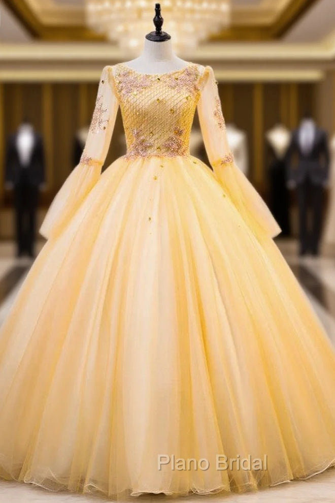Gold Tulle Long Sleeve Beading Appliques Quinceanera Dresses Main image