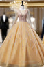 Gold Tulle Long Sleeve Sequins Beading Quinceanera Dresses