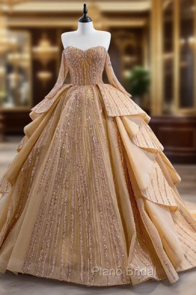 Gold Tulle Long Sleeve Sequins Formal Prom Dresses Main image