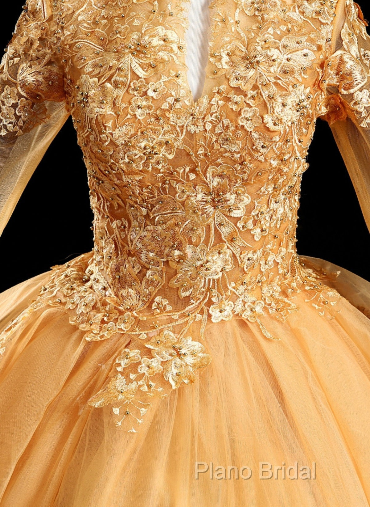 Gold Tulle Long Sleeves Lace Applique Formal Dresses, Ball Gown Sweet 16 Dresses