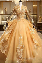 Gold Tulle Long Sleeves Lace Applique Formal Dresses, Ball Gown Sweet 16 Dresses