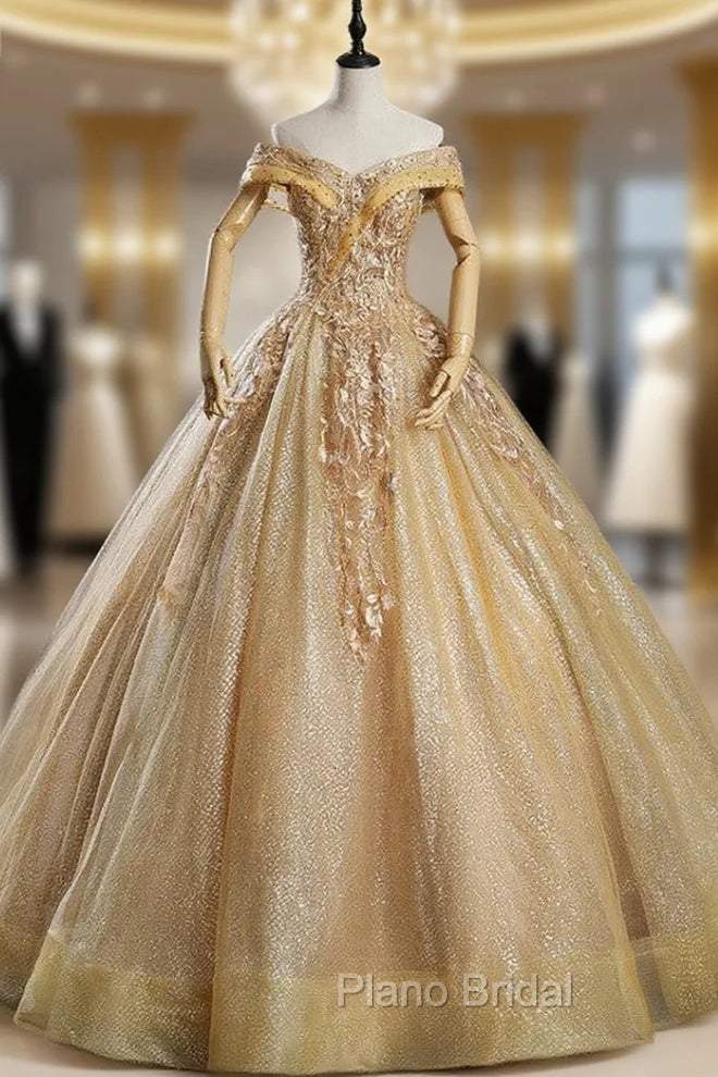 Gold Tulle Off the Shoulder Appliques Beading Quinceanera Dresses Main image