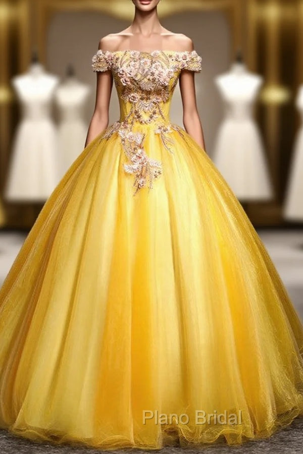 Gold Tulle Off the Shoulder Appliques Quinceanera Dresses Main image