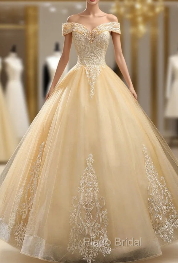 Gold Tulle Off the Shoulder Beading Appliques Quinceanera Dresses Main image