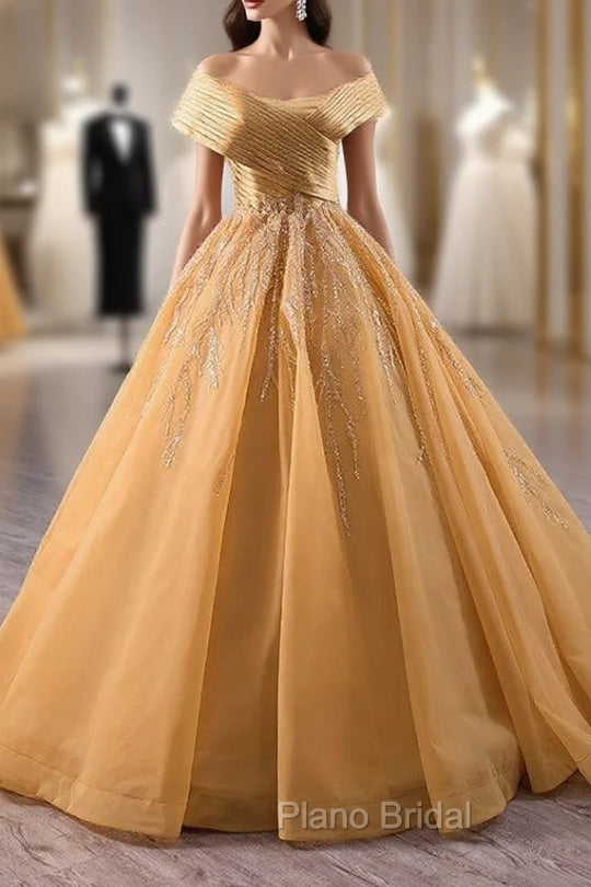 Gold Tulle Off the Shoulder Pleats Formal Prom Dresses Main image