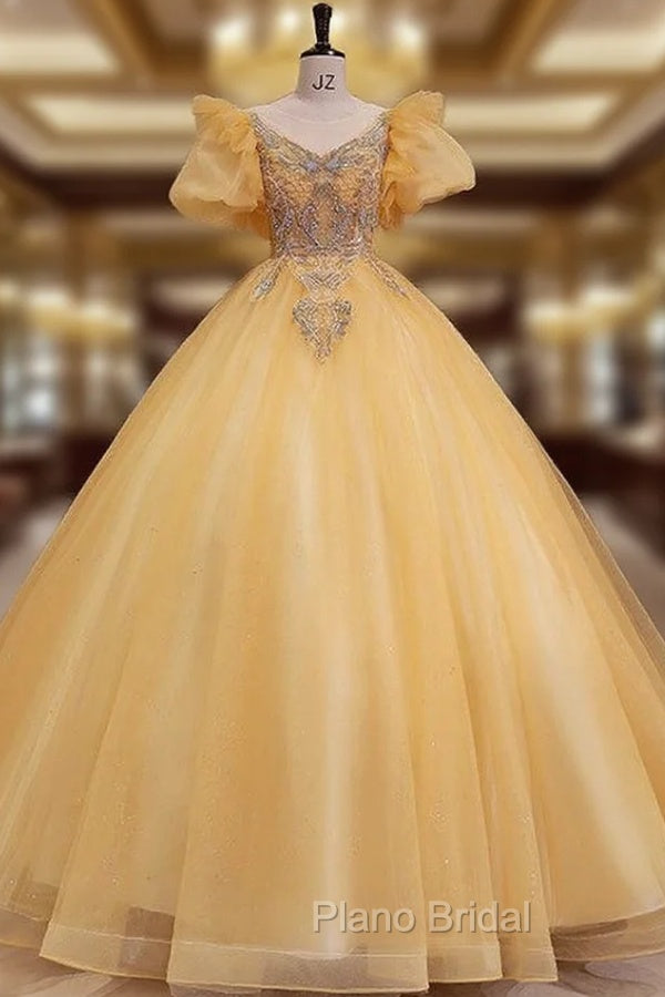 Gold Tulle Puff Sleeve Beading Pearls Quinceanera Dresses Main image