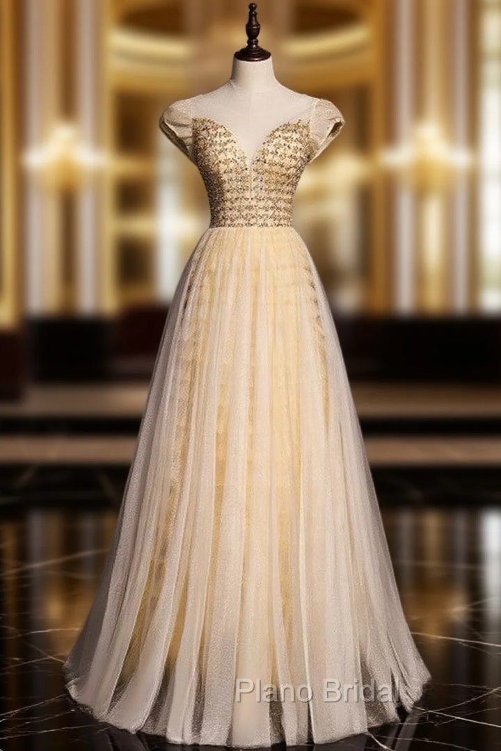 Gold Tulle Puff Sleeve Beading Sequins Backless Formal Prom Dresses Main image