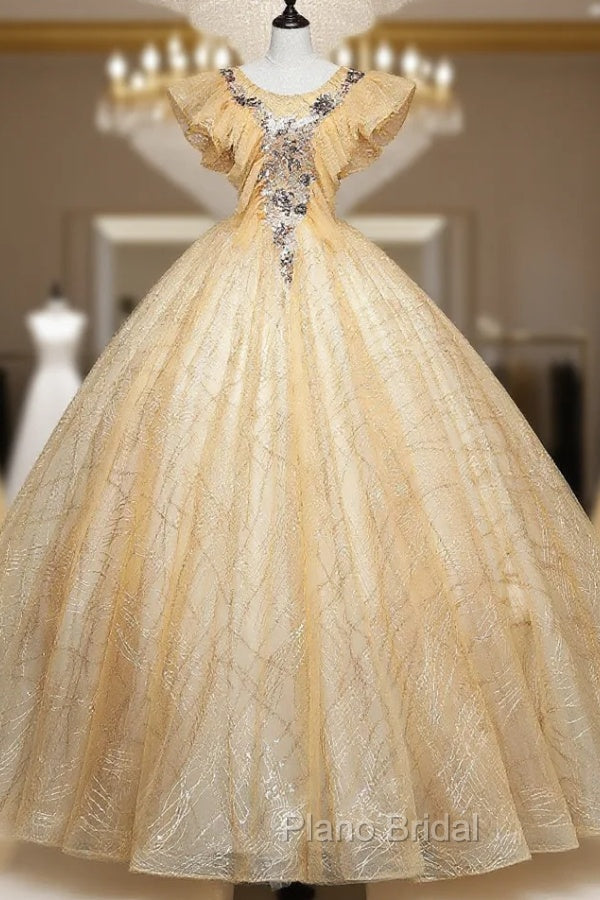 Gold Tulle Sequins Appliques Quinceanera Dresses