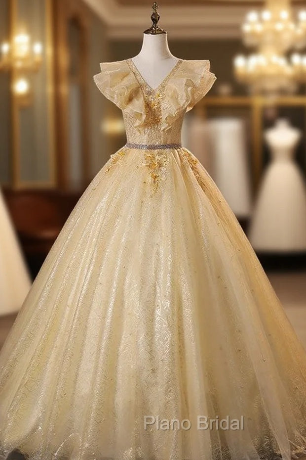 Gold Tulle Sequins Appliques V-neck Quinceanera Dresses Main image