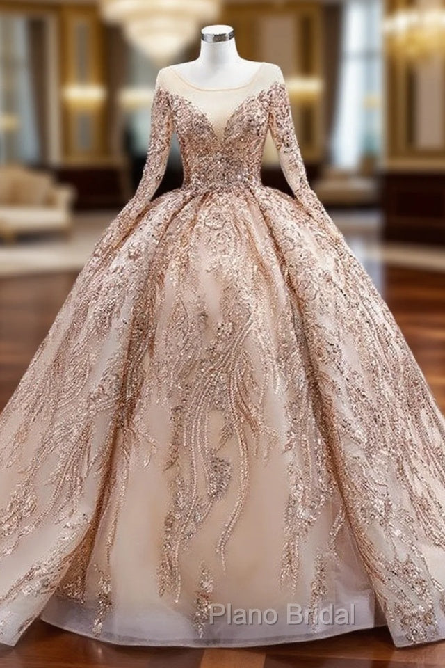 Gold Tulle Sequins Beading Long Sleeve Formal Prom Dresses Main image