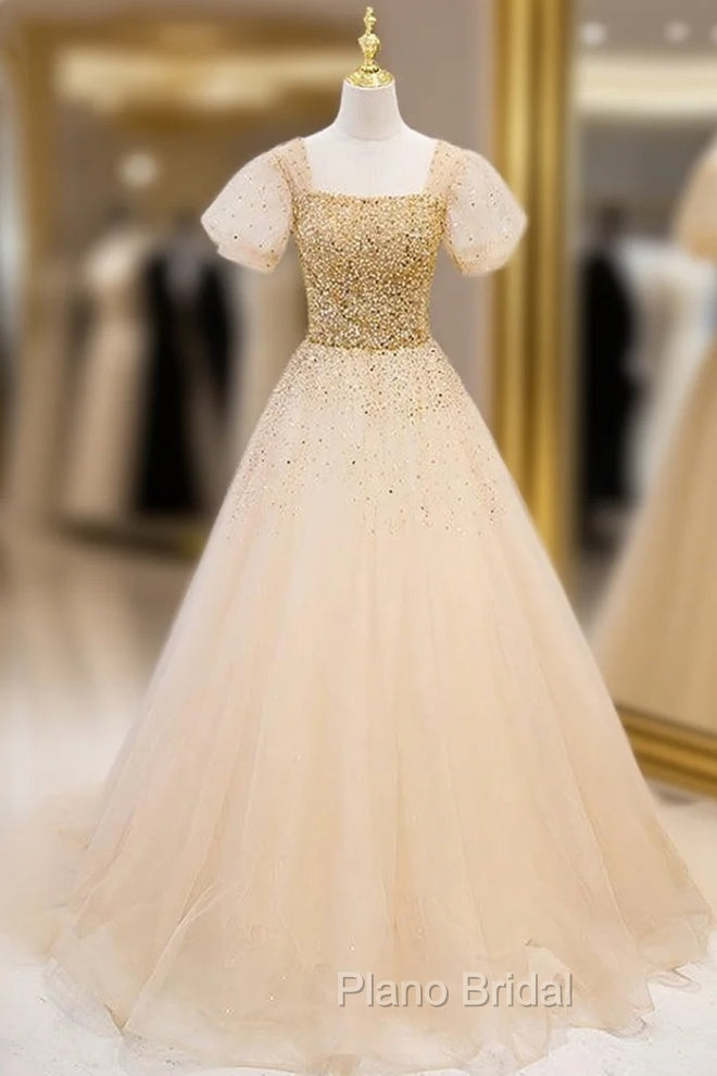 Gold Tulle Sequins Beading Puff Sleeve Formal Prom Dresses Main image