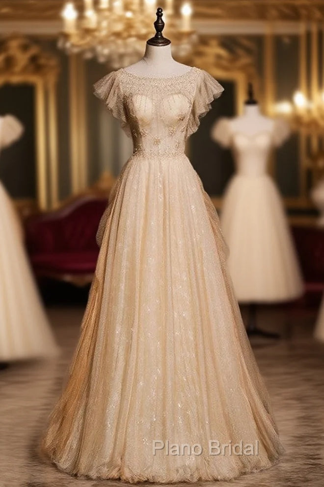 Gold Tulle Sequins Beading Sleeveless Formal Prom Dresses