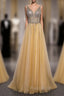 Gold Tulle Sequins Beading V-neck Backless Formal Prom Dresses