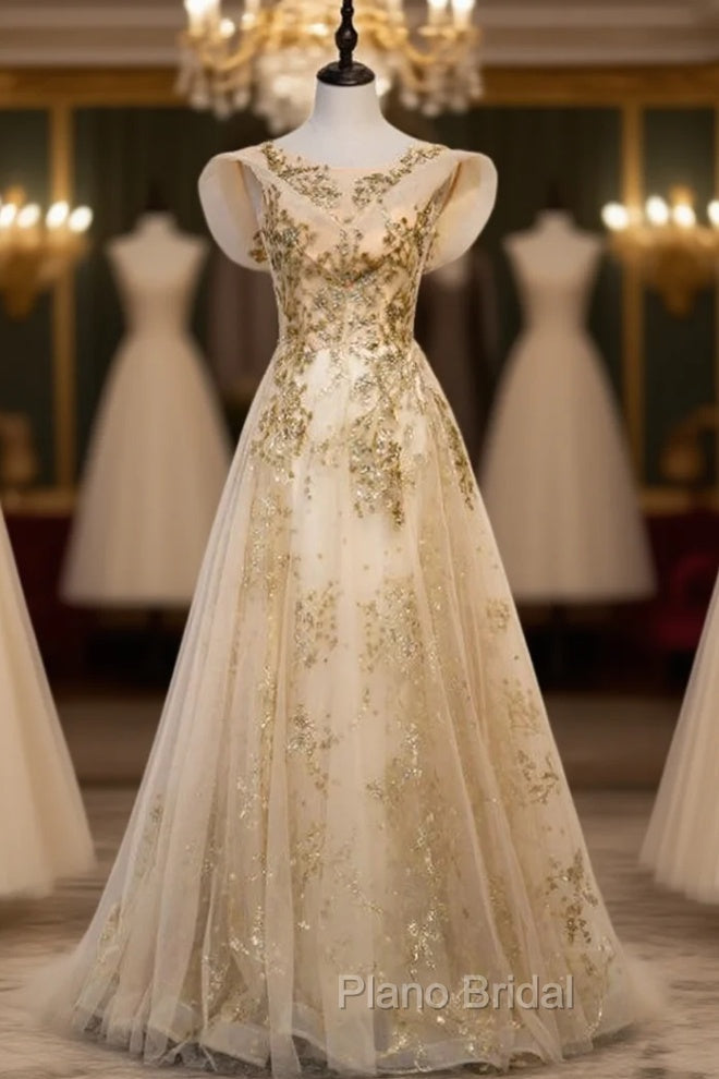 Gold Tulle Sequins Cap Sleeve Scoop Formal Prom Dresses