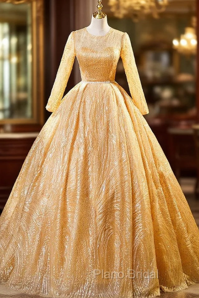 Gold Tulle Sequins Long Sleeve Quinceanera Dresses Main image