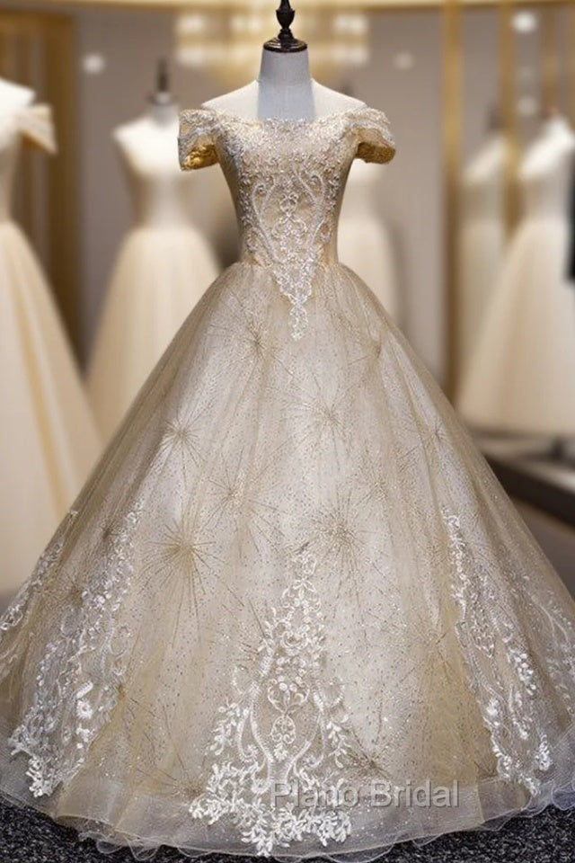 Gold Tulle Sequins Off the Sholuder Appliques Beading Quinceanera Dresses Main image