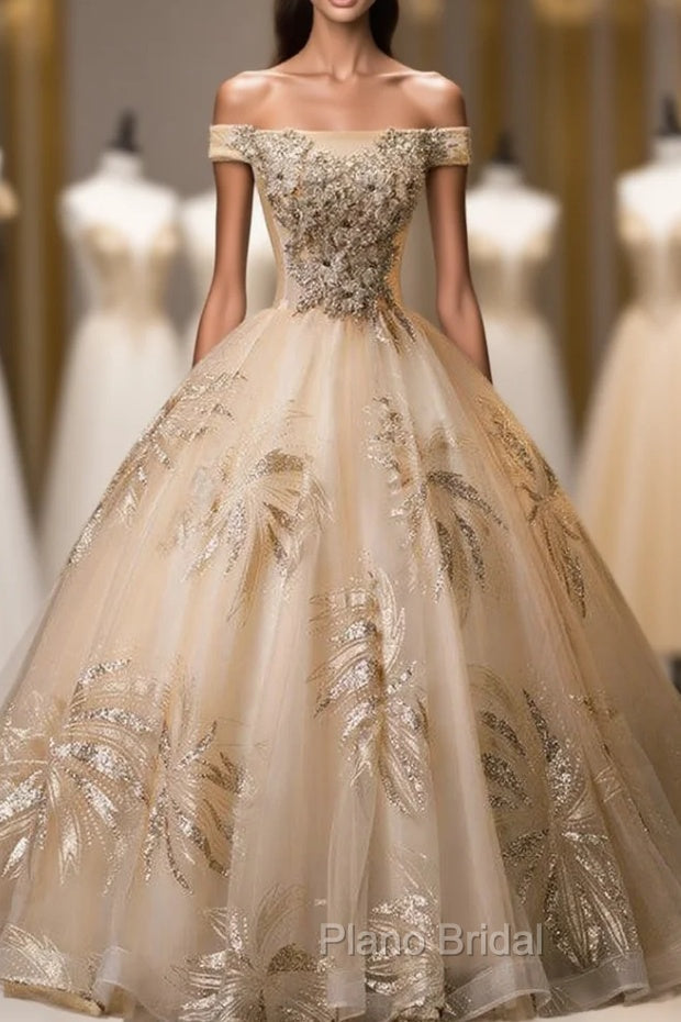 Gold Tulle Sequins Off the Shoulder Appliques Quinceanera Dresses Main image