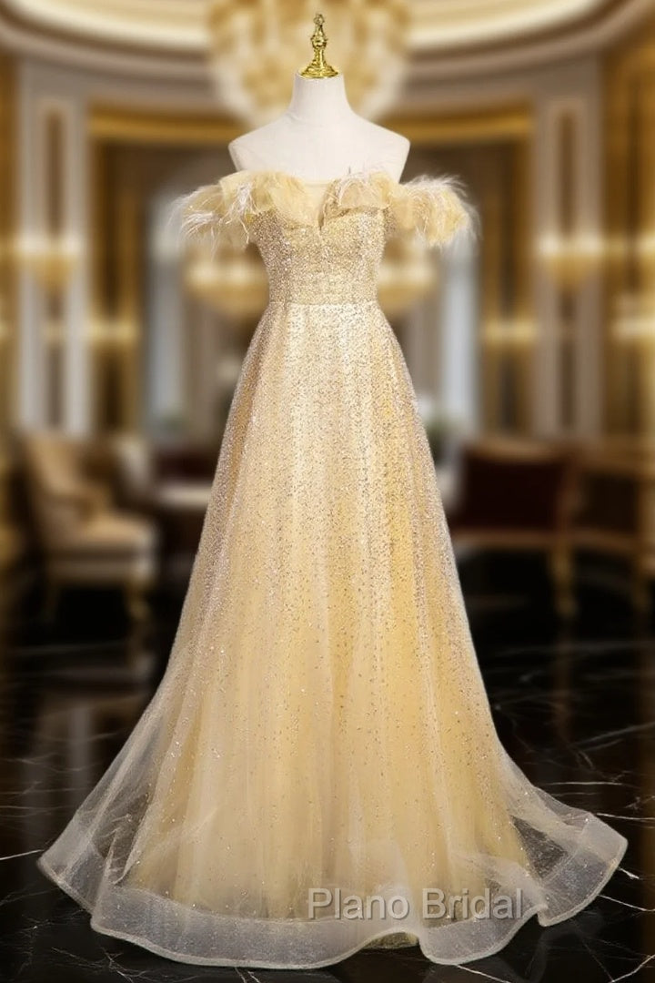 Gold Tulle Sequins Off the Shoulder Formal Prom Dresses