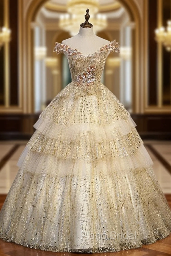 Gold Tulle Sequins Off the Shoulder Quinceanera Dresses Main image