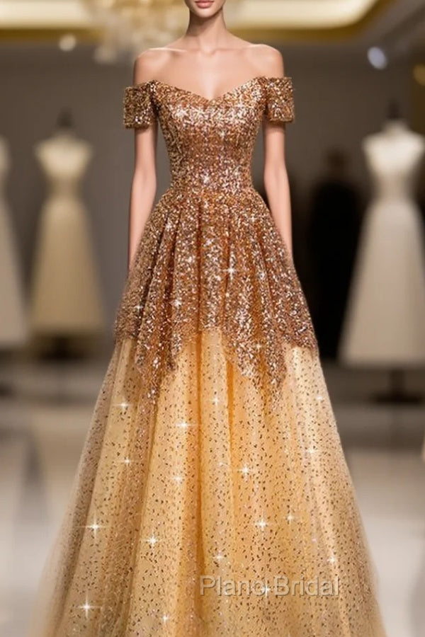 Gold Tulle Sequins Off the Shoulder Short Sleeve Formal Prom Dresses Main image