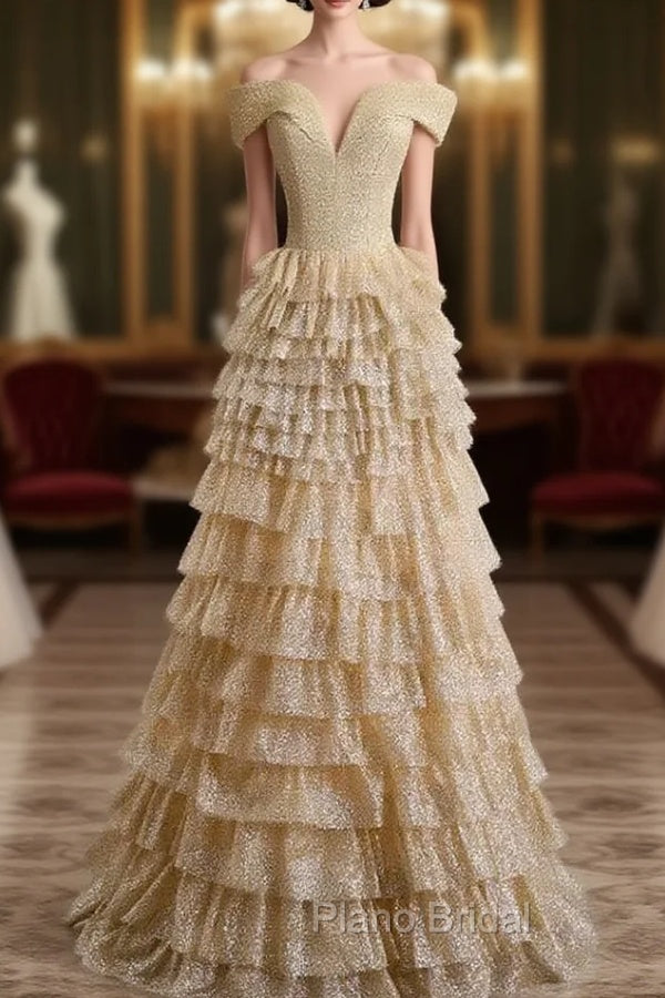 Gold Tulle Sequins Off the Shoulder Tiers Formal Prom Dresses Main image