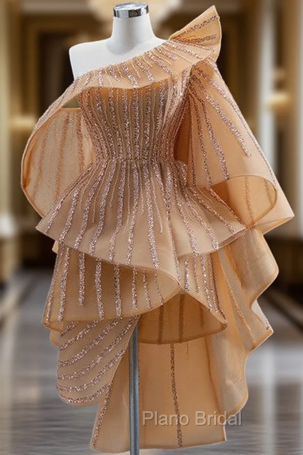 Gold Tulle Sequins One Shoulder Ruffles Short Formal Prom Dresses Main image
