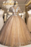 Gold Tulle Sequins Puff Sleeve Appliques Quinceanera Dresses