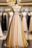 Gold Tulle Sequins Strapless Beading Formal Prom Dresses