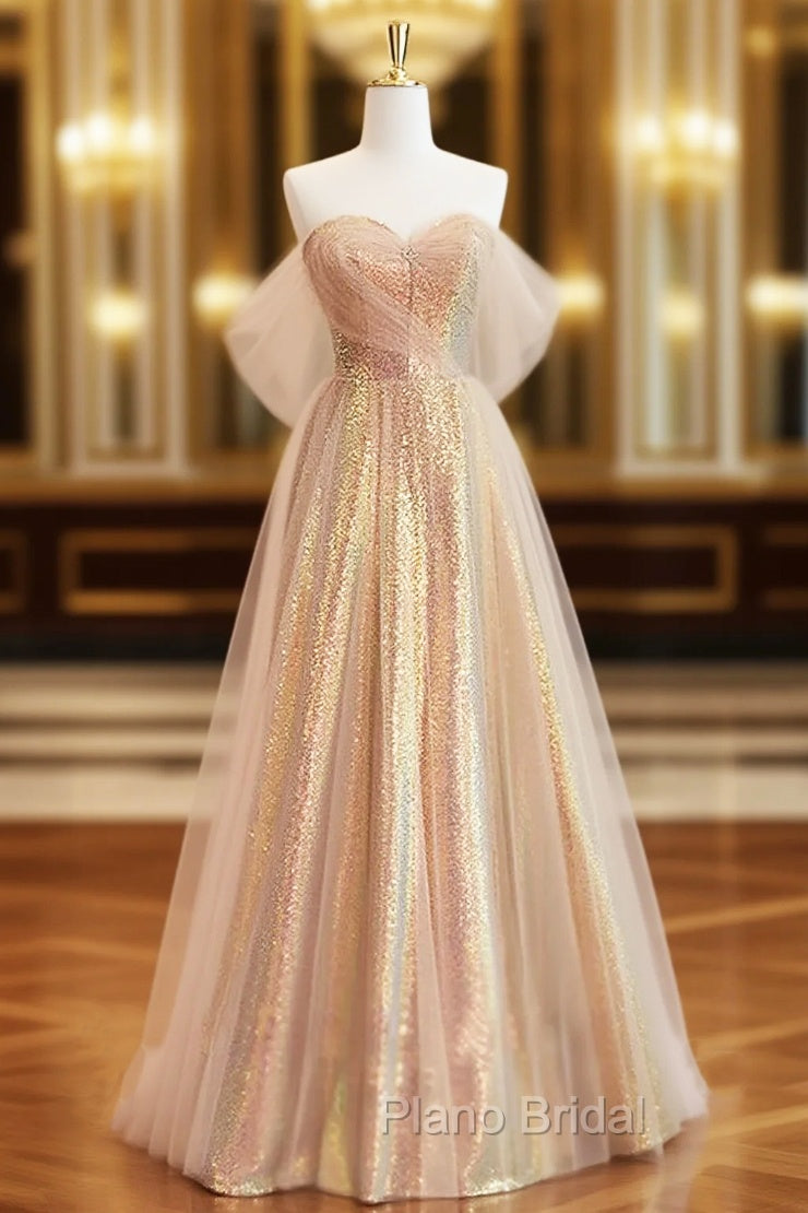 Gold Tulle Sequins Sweetheart Formal Prom Dresses