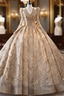 Gold Tulle Sequins V-neck Long Sleeve Formal Prom Dresses