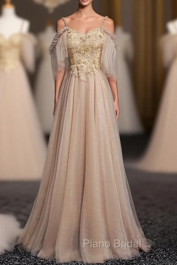 Gold Tulle Spaghetti Straps Appliques Beading Formal Prom Dresses Main image