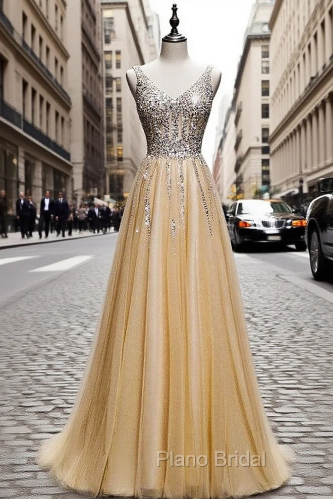 Gold Tulle V-neck Beading Sequins Formal Prom Dresses Main image