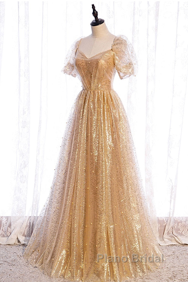 Gold Tulle V Neck Long Formal Prom Dresses Gold Tulle Formal Dresses Secondary image