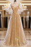 Gold Tulle V Neck Long Formal Prom Dresses Gold Tulle Formal Dresses