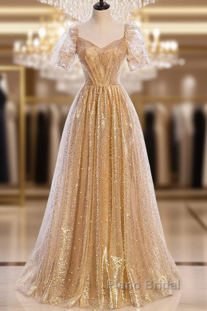 Gold Tulle V Neck Long Formal Prom Dresses Gold Tulle Formal Dresses Main image