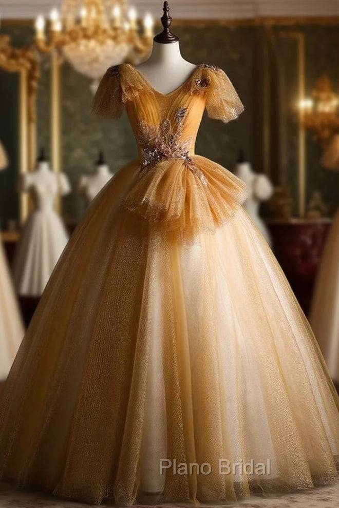 Gold Tulle V-neck Sequins Appliques Quinceanera Dresses