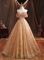 Gold Tulle with Beaded Long Sweet 16 Dresses, Ball Gown Formal Dresses Party Dresses
