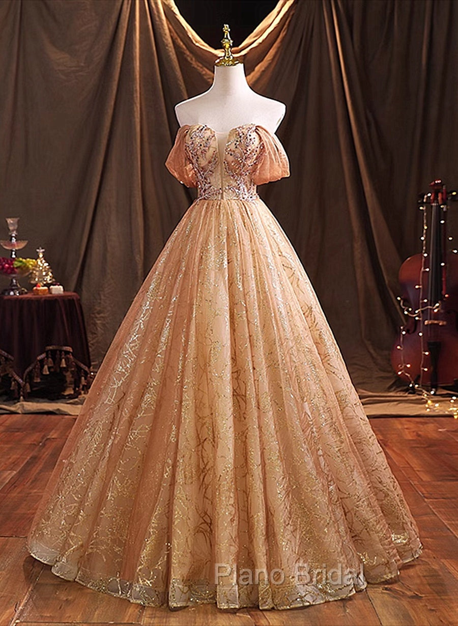 Gold Tulle with Beaded Long Sweet 16 Dresses, Ball Gown Formal Dresses Party Dresses
