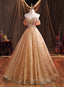 Gold Tulle with Beaded Long Sweet 16 Dresses, Ball Gown Formal Dresses Party Dresses