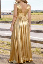 Gold V Neck Floor Length Bridesmaid Dresses Long Bridesmaid Dress With Pleated Split