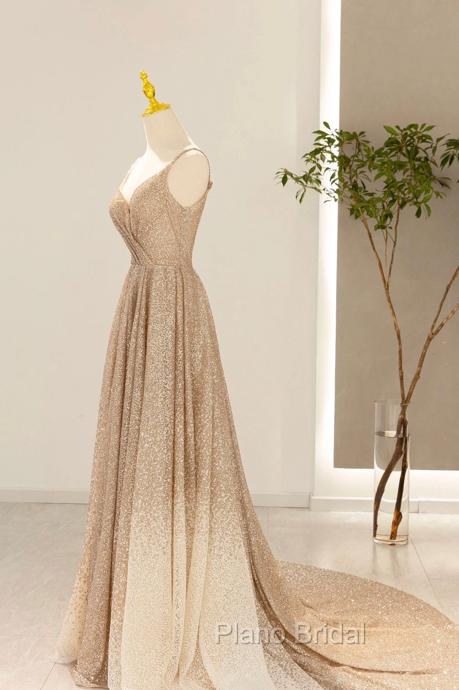 Gold V-Neck Sequins Long Formal Prom Dresses, Shiny A-Line Evening Formal Dresses Secondary image