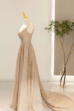 Gold V-Neck Sequins Long Formal Prom Dresses, Shiny A-Line Evening Formal Dresses